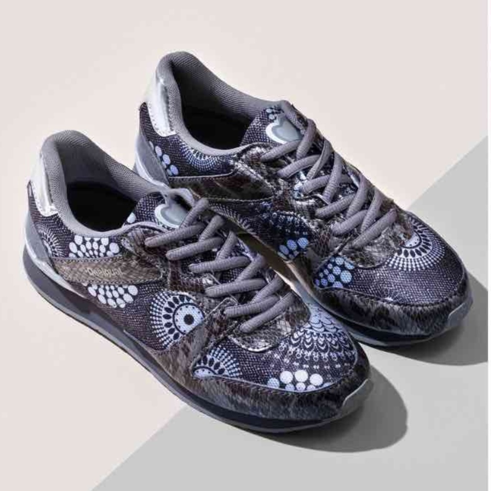 Desigual Vanesa Athletic Athleisure Sneaker Designer Grey with Blue Pattern